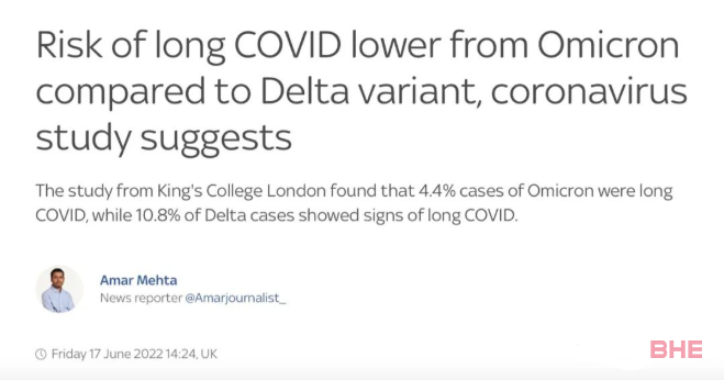 KCL：感染Omicron后出现新冠长期症状的风险要低于Delta